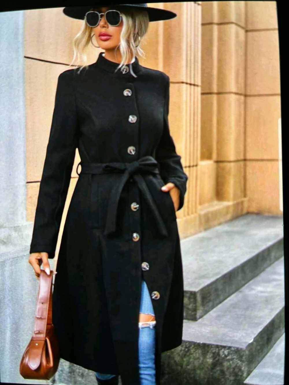 Women's Black Belted Button-Front Coat Large🥰